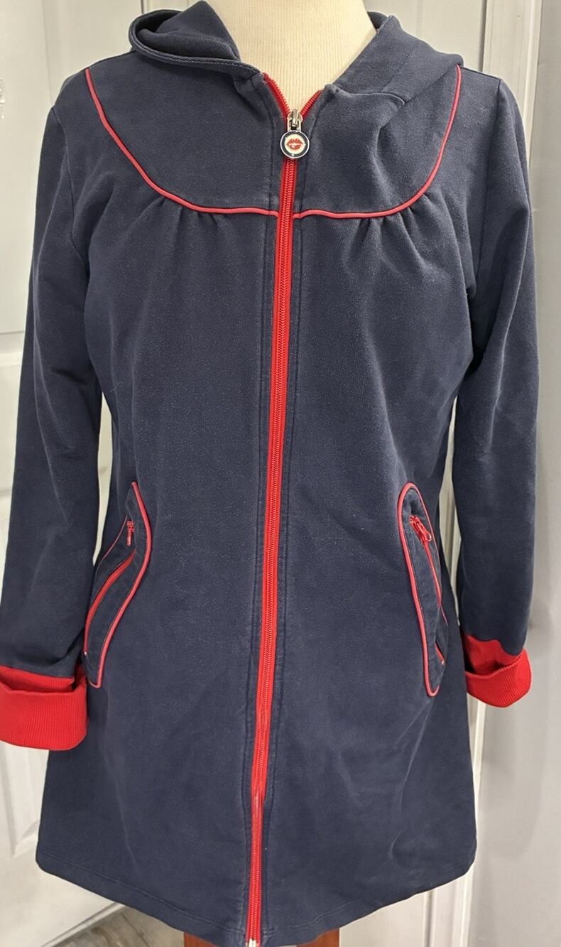 Mademoiselle Yeye Retro Mod Hooded Coat Jacket Blue Red Trim Women's Size XL